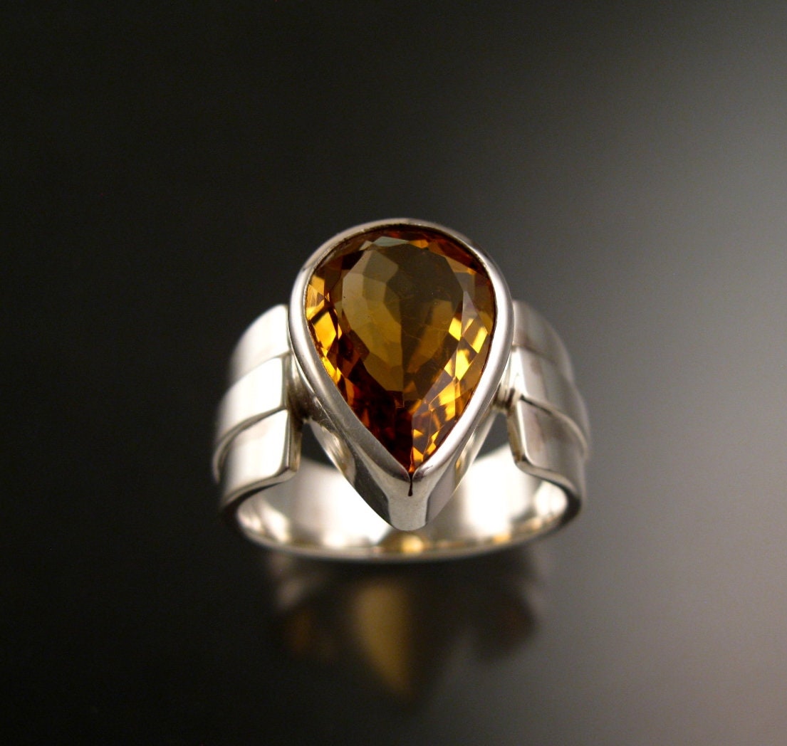 Pear Shape Vintage French Citrine Ring Ornate Sterling Silver