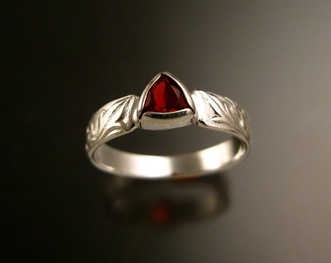 Fire Opal Triangle 14k White Gold Victorian flower and vine pattern bezel set ring made to order in your size