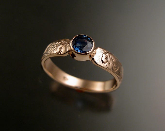 Sapphire 14k Rose Gold Victorian flower and vine pattern bezel set 4.5mm stone ring made to order in your size