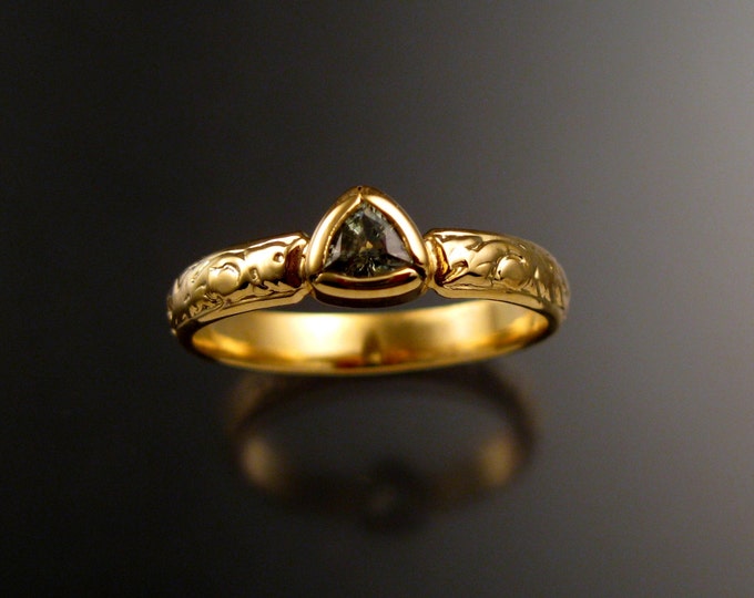 Green Sapphire Triangle Wedding ring 14k Yellow Gold Victorian bezel set ring made to order in your size