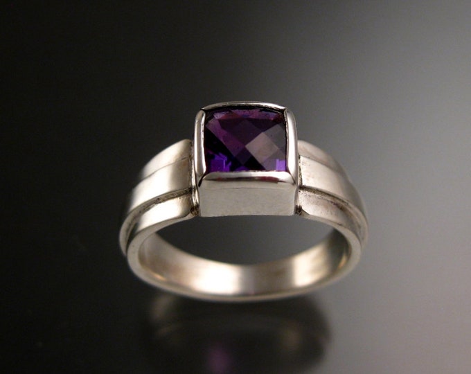 Amethyst ring Checkerboard cut Square ring made to order in your size sturdy silver band ring