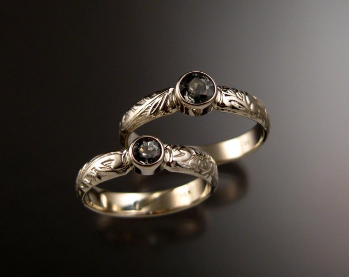 Green Sapphire diamond substitute Victorian His and Hers Wedding set crafted in 14k white Gold made to order in your size