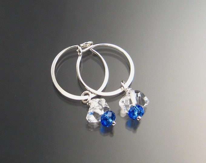 Natural Quartz Crystal Birthstone Hoop Earrings September birthstone Sapphire blue Hoops in Sterling silver