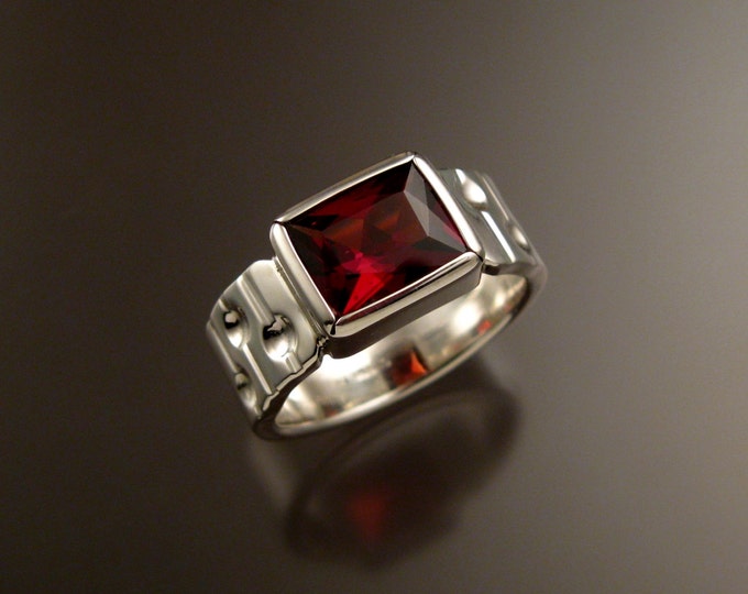 Garnet Ring Sterling Silver Bars and craters band large rectangular stone ring made to order in your size