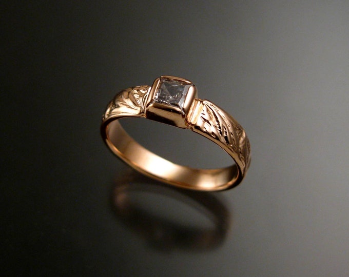 White Sapphire Square 14k Rose Gold Victorian flower and vine pattern Diamond Substitute bezel set ring made to order in your size