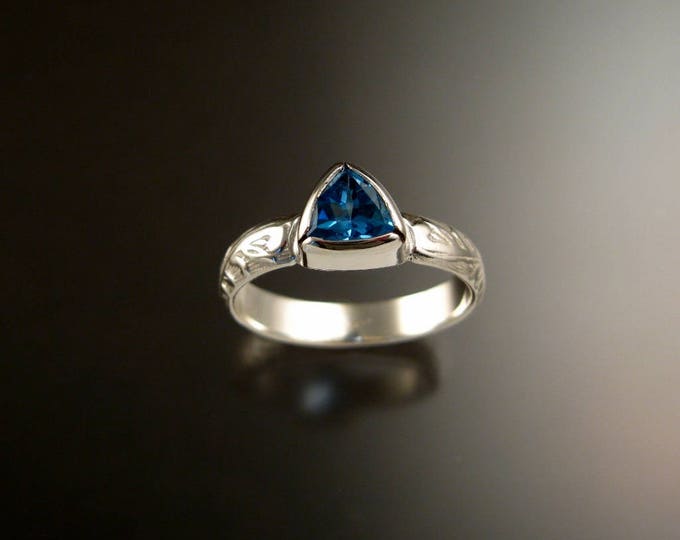Blue Topaz ring Sterling Silver Triangle Stone with bezel setting Victorian Floral pattern ring made to order in your size