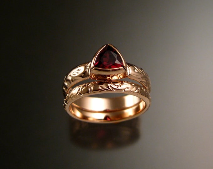 Garnet Triangle ring 14k Rose Gold Victorian bezel set stone two ring wedding set made to order in your size