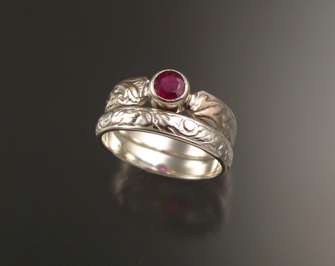 Ruby and Sterling Silver flower and vine pattern Natural stone wedding ring set made to order in your size Victorian ring set