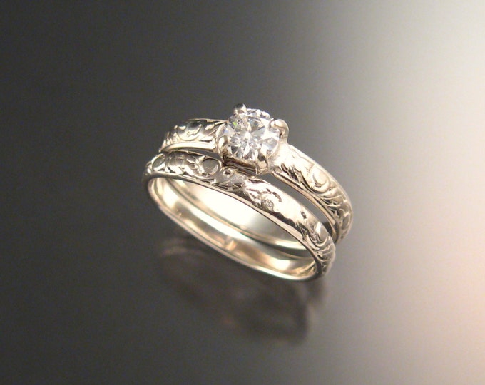 White Sapphire Wedding set 14k White Gold Diamond substitute Victorian ring made to order in your size