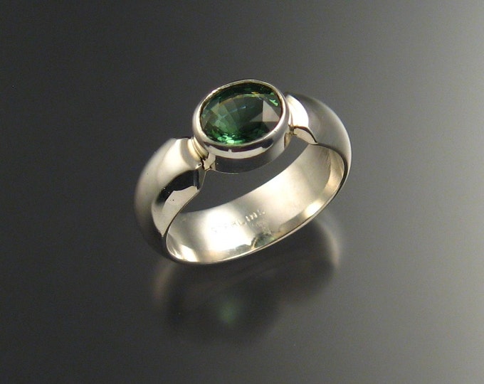 Green Tourmaline ring Sterling silver Wide Low dome band size 6 3/4