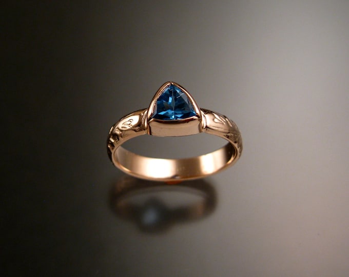 Blue Topaz Triangle ring 14k Rose Gold Victorian bezel set stone ring made to order in your size