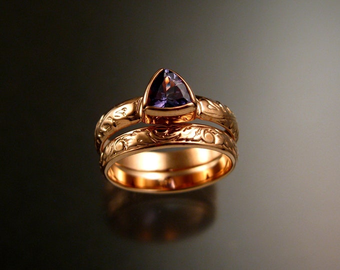 Tanzanite Triangle ring 14k Rose Gold Victorian bezel set stone two ring set made to order in your size