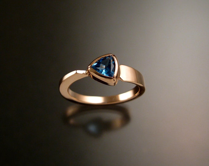 Blue Topaz triangle ring 14k Rose Gold bezel set Stone Asymmetrical setting made to order in your Size