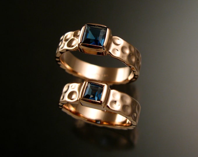 London blue Topaz square Moonscape two ring His and Hers Sapphire substitute Wedding rings 14k Rose gold made to order in your size