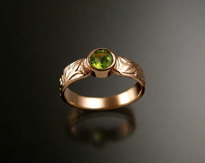 Peridot 14k Rose Gold Victorian flower and vine pattern bezel set ring made to order in your size