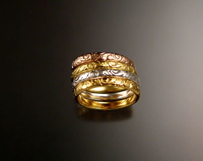 Stackable solid Gold 14k Gold Floral pattern band four color ring set made to order in your size Victorian 14k gold stacking rings