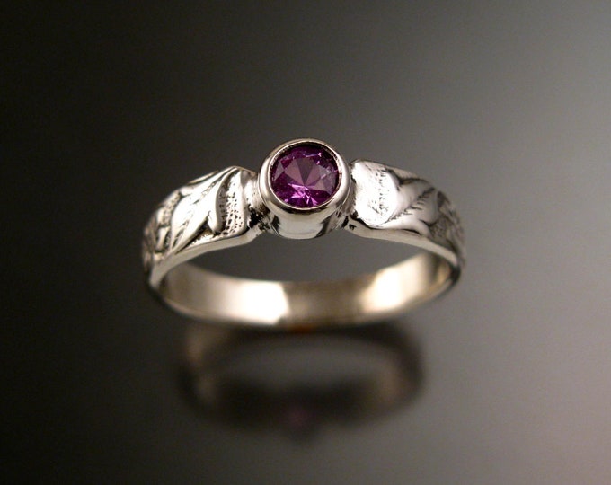 Pink Sapphire 14k white Gold Victorian flower and vine pattern bezel set ring made to order in your size