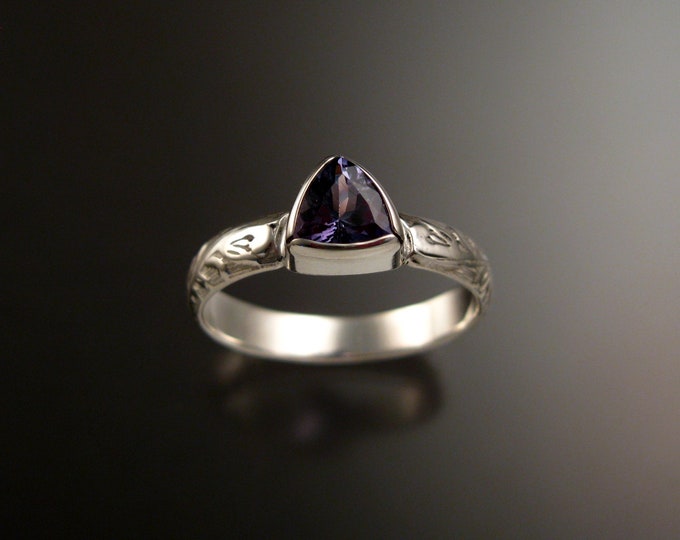 Tanzanite Triangle ring 14k White Gold Victorian bezel set stone ring made to order in your size