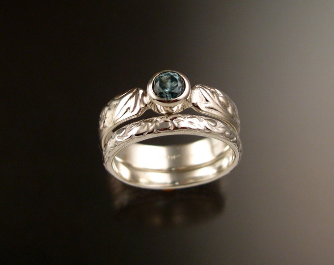 Blue Zircon ring Sterling Silver blue Diamond substitute Victorian flower and vine pattern two ring set made to order in your size