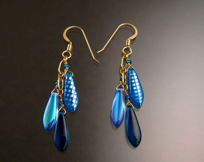 Czech Glass "Dagger " and 14k Gold-filled Earrings checker Pattern Powder blue and Cobalt blue