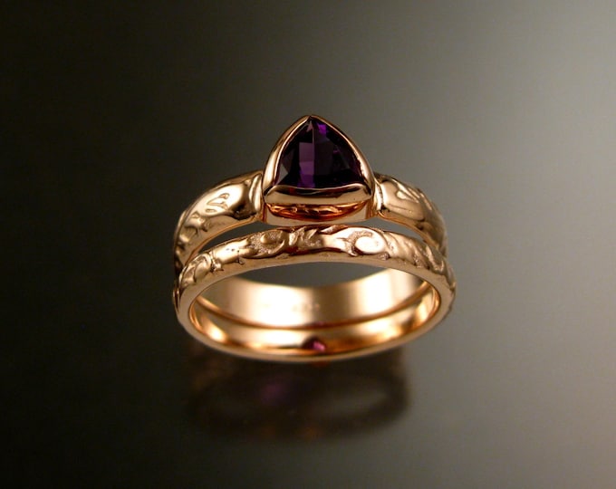 Amethyst Triangle ring 14k Rose Gold Victorian bezel set stone two ring set made to order in your size