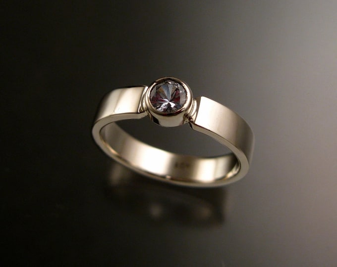 White Sapphire 14k White Gold rectangular band Natural stone wedding ring made to order in your size Diamond substitute conflict free ring