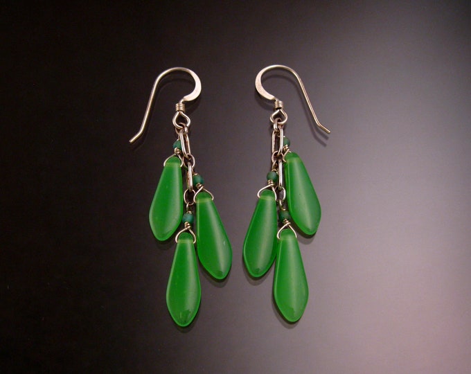 Czech Glass "Dagger " and Sterling Silver Earrings Jade Green