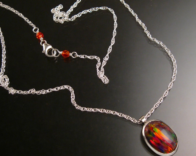Lab created Opal necklace Bright Orange Fire Opal Sterling Silver Bezel set Stone