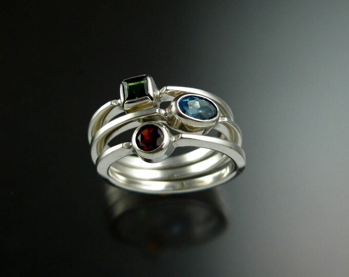 Stackable Mothers Birthstone ring set of three 14k white Gold birthstone stacking rings Made to order in your size