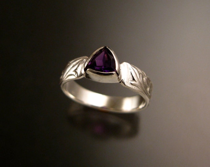 Amethyst Triangle 14k White Gold Victorian flower and vine pattern bezel set ring made to order in your size