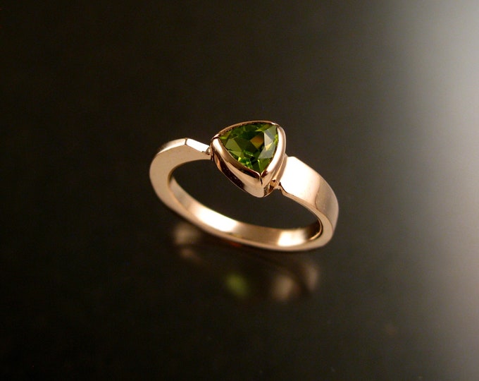 Peridot triangle ring 14k Rose Gold bezel set Stone Asymmetrical setting made to order in your Size