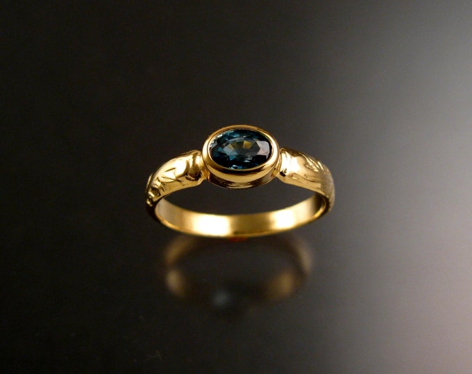 Blue Zircon Ring 5x7mm oval Victorian floral pattern band 14k yellow gold Handmade to order in your size