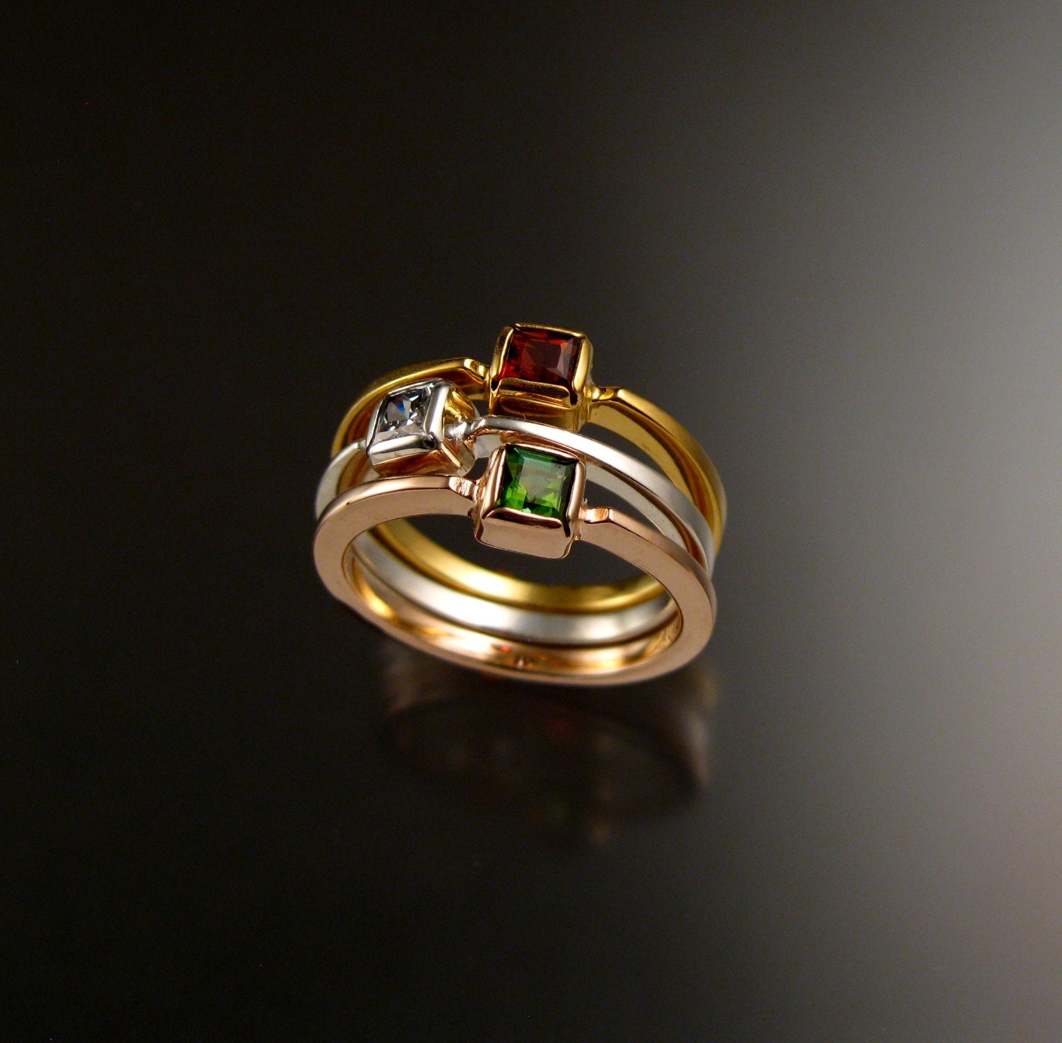 Stackable Mothers ring set of three 14k Yellow, White, and rose Gold