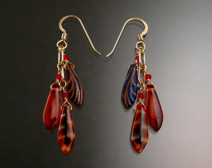 Czech Glass "Dagger " and 14k Gold-filled Earrings Wavy pattern red and brown