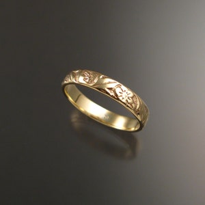 14k Yellow Gold wedding ring 3.6mm Vine and Flower pattern Band made to order in your size Victorian wedding band