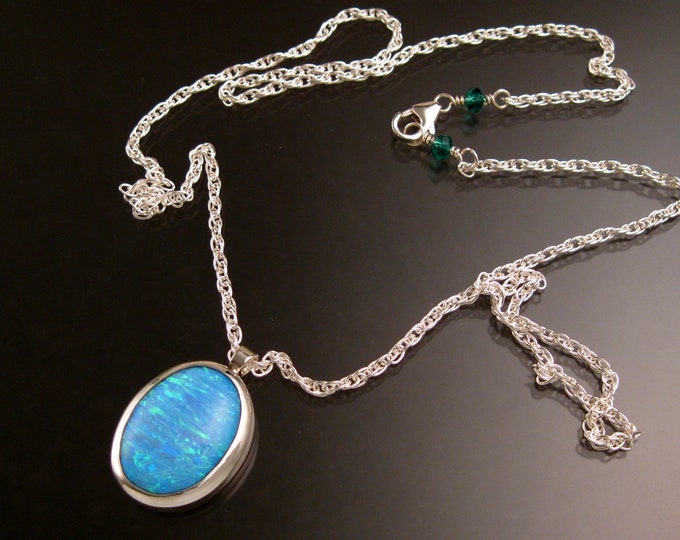 Lab created Opal necklace Powder Blue Opal Sterling Silver Bezel set Stone