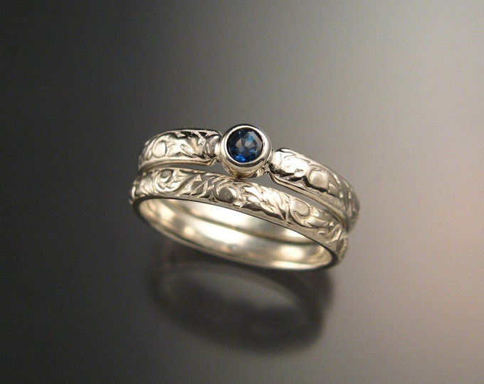 Sapphire Wedding set 14k White Gold Victorian bezel set two rings made to order in your size