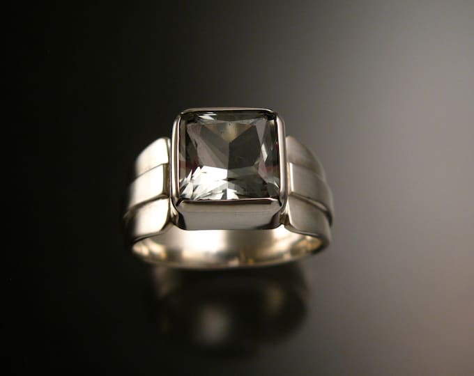 Prasiolite square cut large stone Sterling Silver Green Amethyst wide band ring made to order in your size