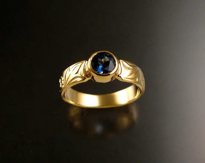 London Blue Topaz 14k Gold Victorian flower and vine pattern bezel set ring made to order in your size