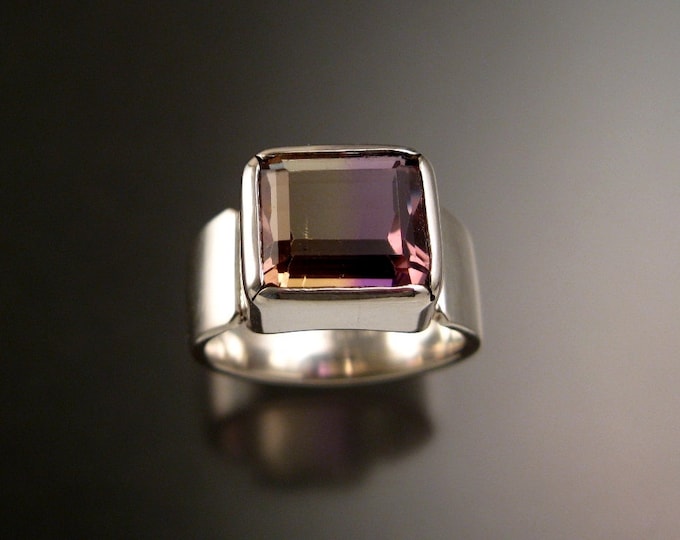 Ametrine Ring Sterling Silver Bezel set wide band rectangular natural gemstone made to order in your size