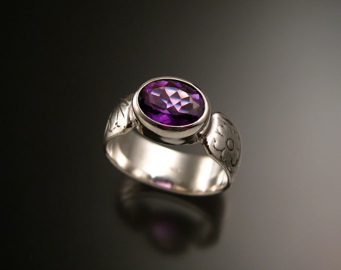 Amethyst Sterling Silver handmade wide Victorian floral pattern band ring east west bezel set stone ring made to order in your size