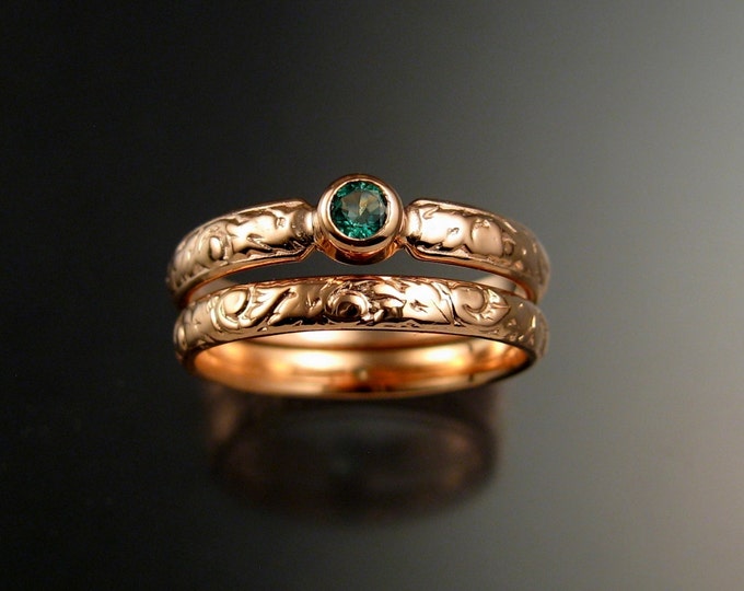 Emerald Wedding set 14k rose Gold Victorian bezel set two ring set made to order in your size