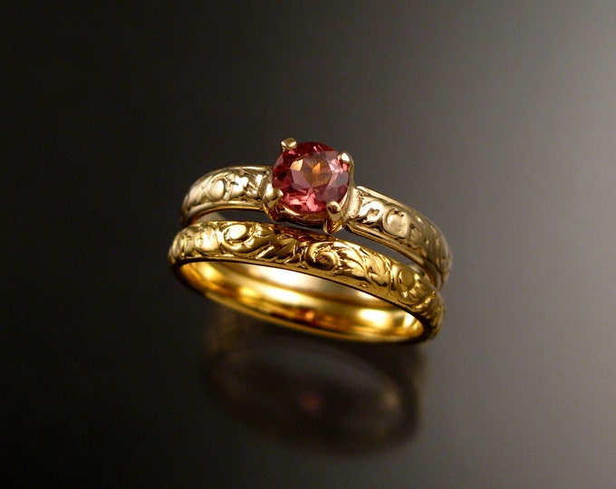 Pink Tourmaline wedding ring set 14k Yellow Gold Victorian floral pattern engagement rings