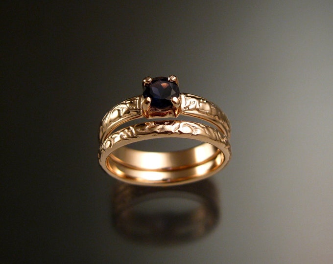 Iolite 14k Rose Gold Victorian floral pattern Sapphire substitute wedding / engagement ring set Made to order in your size
