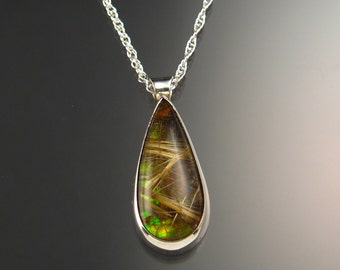 Grote doublet-ketting rutielkwarts en ammoliet, handgemaakt van sterlingzilver