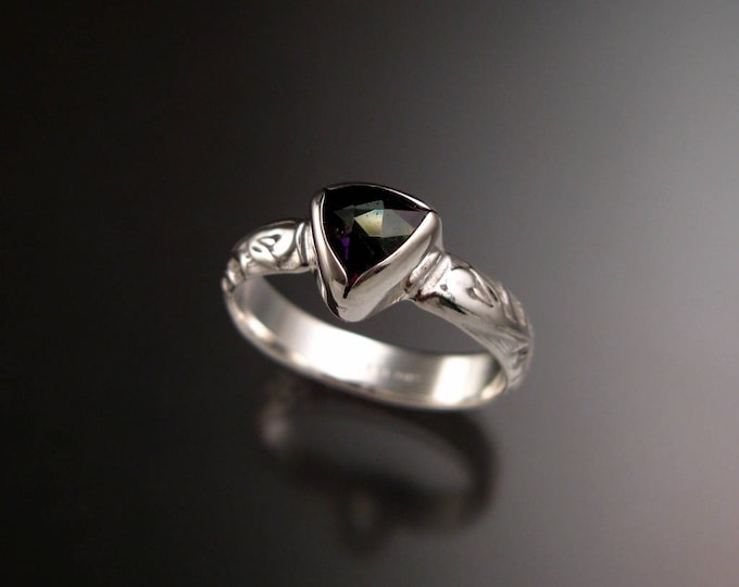 Mystic Topaz ring Sterling Silver Triangle Stone with bezel setting Victorian Floral pattern ring made to order in your size