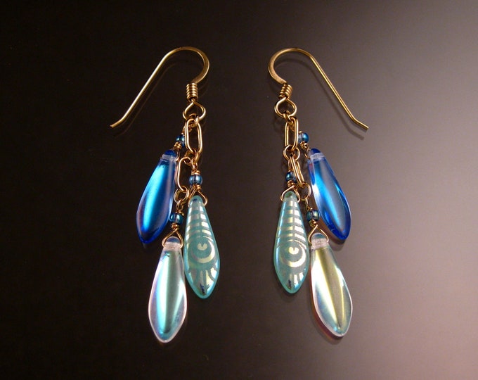 Czech Glass "Dagger " Earrings Iridescent blue/white Gold Filled
