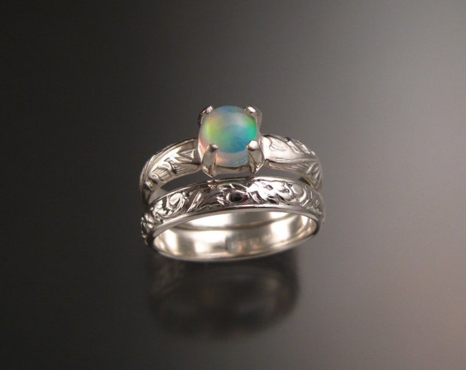 Opal Sterling silver Wedding Ring Set Victorian floral pattern band made to order in your size