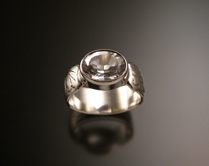 White Topaz 14k white Gold wide Victorian floral pattern band ring east west bezel set stone diamond substitute made to order in your size
