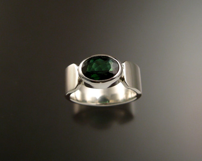 Green Tourmaline Ring large Oval cut Sterling Silver Emerald Substitute Mans ring Made to Order In Your Size